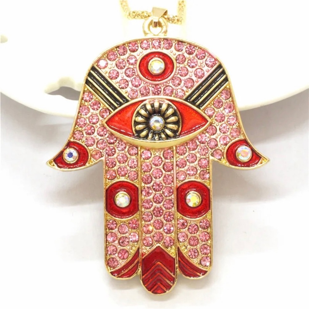 Hamsa Eye Red & Pink Enamel & Crystal Crystal Necklace with lobster clasp - Picture 2 of 5